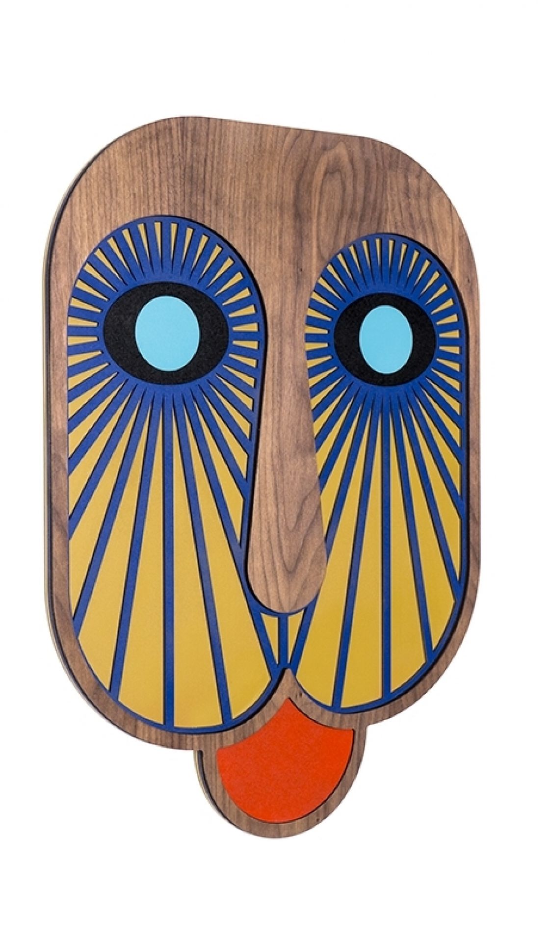 Moderne afrikanische Holzmaske als Wandschmuck mit blauen, gelben und orangen Akzenten. Kunstvolles Einzelstück.